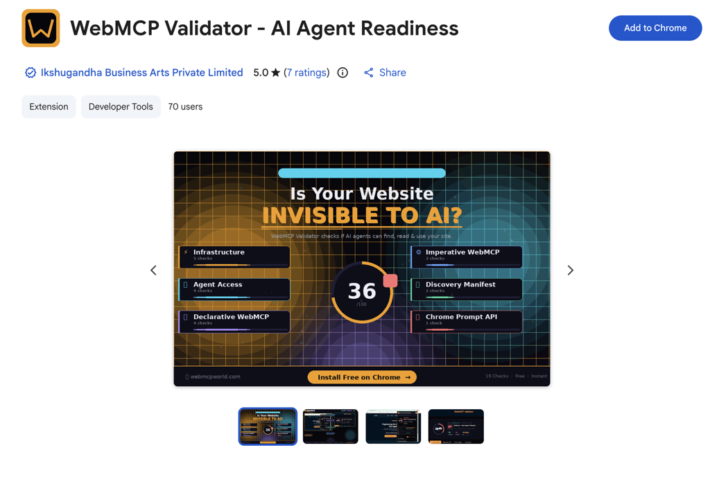 A WebMCP validator report showing an AI-readiness score broken down by category: infrastructure, agent access, declarative and imperative WebMCP, and discovery manifest